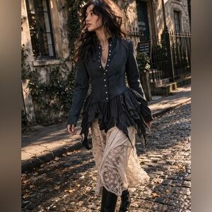 Free People Black Boho Button Front Jacket Size 0 Fairy Whimsigoth Grunge Dark